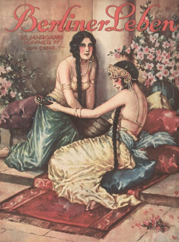 Plakat mit zwei Frauen auf einem Bett mit Kissen und Topfpflanzen, betitelt "Berliner Leben Magazin-Cover aus Oktober 1931".