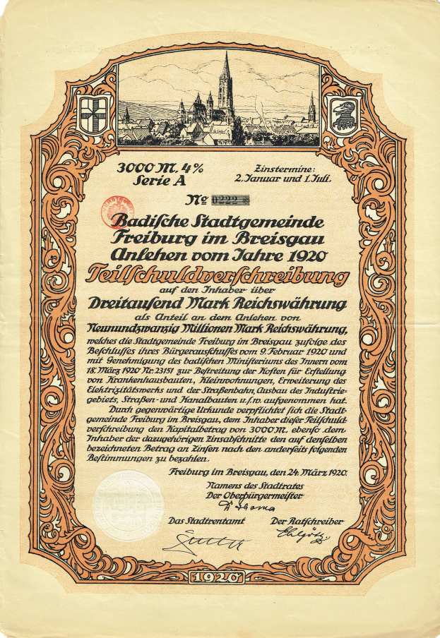 Alter deutscher Aktienchein mit einer Stadtillustration und gedrucktem Text.