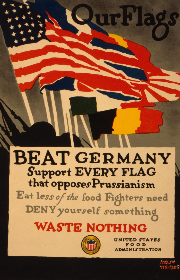 Plakat mit einer roten, weißen und blauen Flagge mit einem weißen Stern, fetter schwarzer Schrift, die "Unsere Flaggen schlagen Deutschland - Unterstützt jede Flagge, die gegen Preußentum kämpft" lautet, und einem weißen Rand, der Unterstützung für die deutschen Rechte gegen Preußentum fordert.