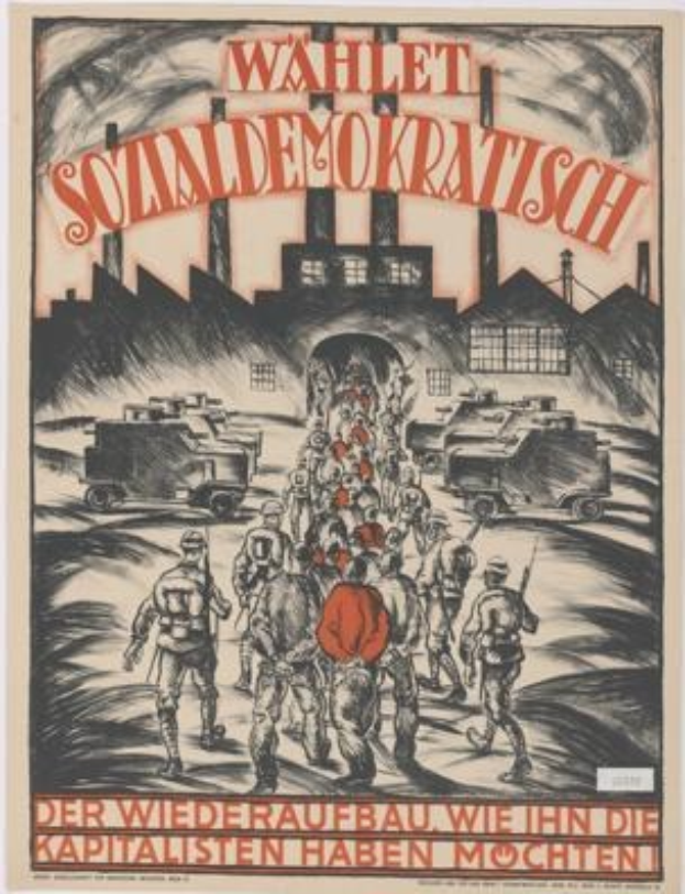 Ein deutsches Propagandaplakat für die Nationalsozialistische Deutsche Arbeiterpartei (NSDAP) der Sowjetunion, das eine Gruppe von Menschen und Fahrzeugen im Vordergrund zeigt, mit einem Gebäude im Hintergrund und der Inschrift "Wahlt Sozialdemokratisch - der Wiederaufbau wie die Kapitalisten ihn haben wollten".