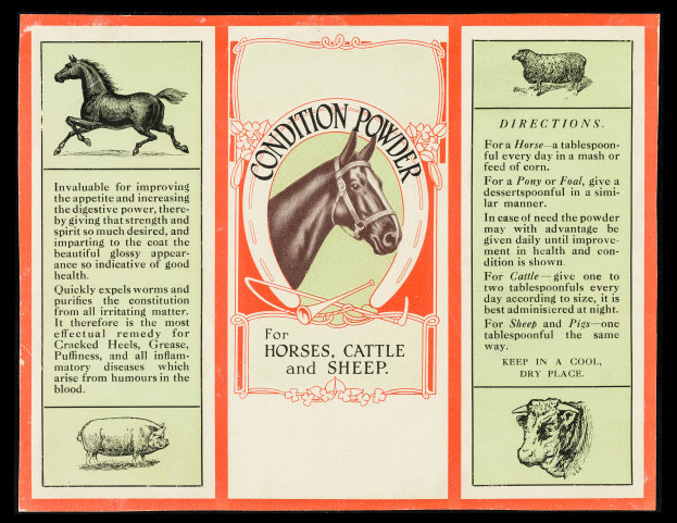 Eine Werbung f├╝r Tierkonditionierpulver mit Bildern von einem Pferd, Rindern und Schafen auf schwarzem Hintergrund.