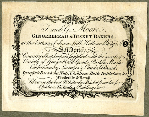 Eine alte Visitenkarte mit einer Abbildung eines Lebkuchen- und Biskuitbäckers, auf der die Angebote des Backshops beschrieben werden.