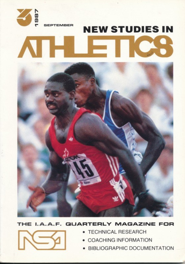 Buchumschlag mit dem Titel "Neue Studien im Leichtathletik September 1987" mit zwei Personen und wahrscheinlich athletikbezogenem Text.