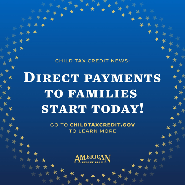 Plakat mit dem Text "Direkte Zahlungen an Familien beginnen heute" umgeben von einem Stern-Design.