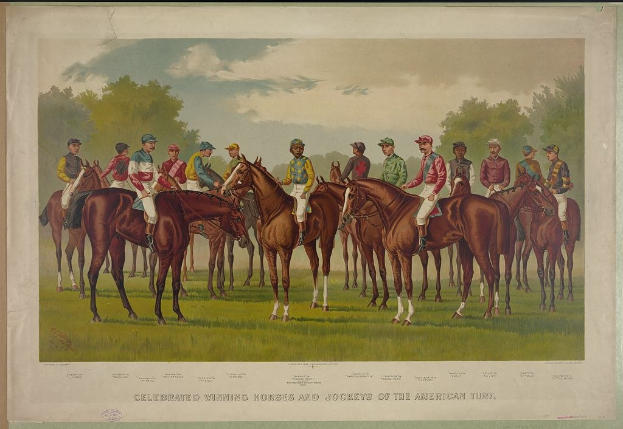 Gruppe von Menschen, die auf einem grünen Feld mit Bäumen und einem blauen Himmel reiten, Text unten lautet "Feiernder Siegerpferde und Jockeys der amerikanischen Wiesen"