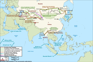 Detailreiche Weltkarte als Poster, die geplante Öl- und Gas-Pipelines zeigt, inklusive Länder, großen Städten, Gewässern und Erläuterungstext.