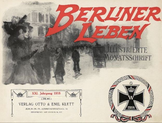 Altes Buchcover mit 'Berliner Leben' Text, deutsche Militärmarke und einer Gruppe feiernder Menschen.