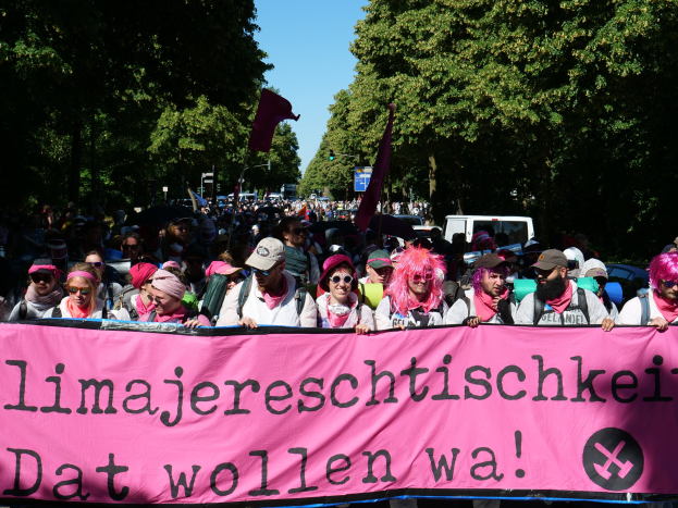 Eine Gruppe von Menschen marschiert mit einem pinken Banner mit der Aufschrift "Women's March in Berlin" die Straße entlang, einige tragen Kappen und Schutzbrillen, andere halten Fahnen, vor dem Hintergrund von Bäumen, Fahrzeugen und Himmel.
