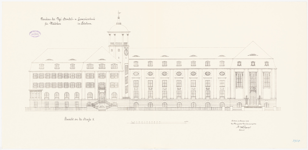 Ein detailliertes Bild des Hauptgebäudes der Universität Hamburg mit einem Uhrenturm, auf einem Blatt Papier mit begleitendem Text.