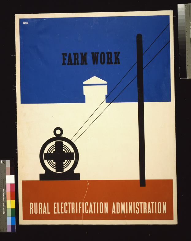 Plakat mit fetter schwarzer Schrift "Farm Work Rural Electricity Administration" auf einem weißen Hintergrund, umrandet von einem schmalen schwarzen Rahmen, mit einer Grafik einer Farm mit einem Traktor und einem Bauernhof.