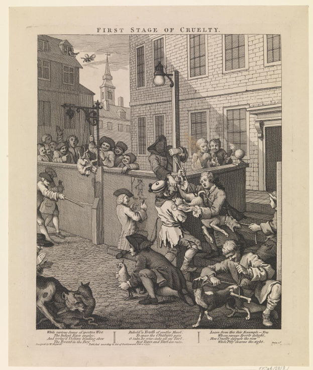 Gruppe von Menschen und Tieren versammelt sich vor einem Gebäude mit Fenstern und einem Laternenmast, mit dem Text "Erste Stufe der Grausamkeit" unten.
