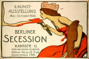 Plakat aus der 1900er Berliner Secession, das eine Frau in rotem Kleid zeigt, die ein Objekt hält, mit Text zu den Veranstaltungsdetails.