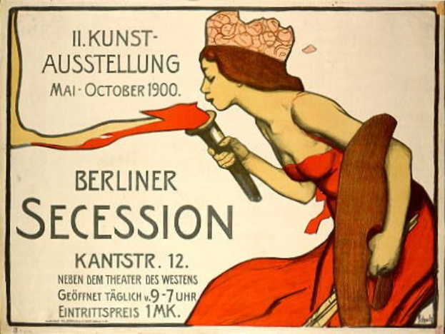 Plakat aus der 1900er Berliner Secession, das eine Frau in rotem Kleid zeigt, die ein Objekt hält, mit Text zu den Veranstaltungsdetails.