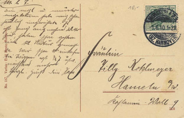 Alte Postkarte mit einer Briefmarke, die "Hannover, Deutschland - Brief nach Hannover - 1d/1d" lautet und handgeschriebener Text