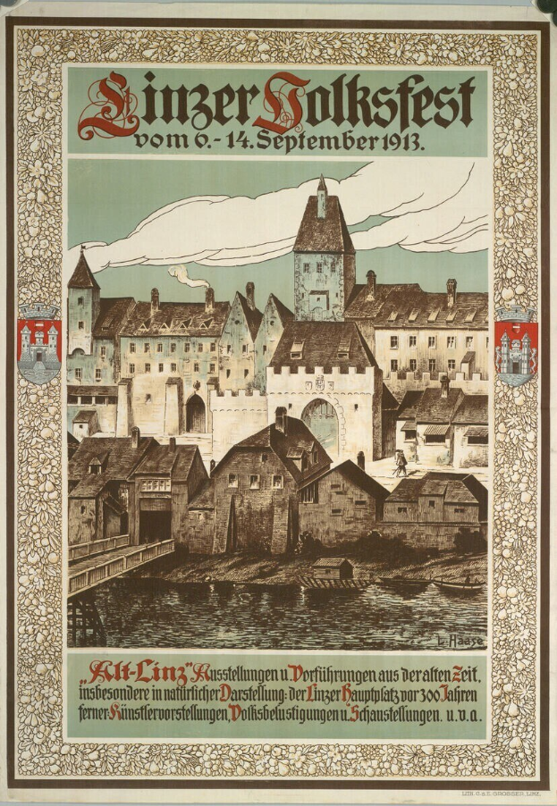 Altes deutsches Festivalplakat mit einer Burg umgeben von Häusern mit Text, der Festivaldetails bereitstellt.