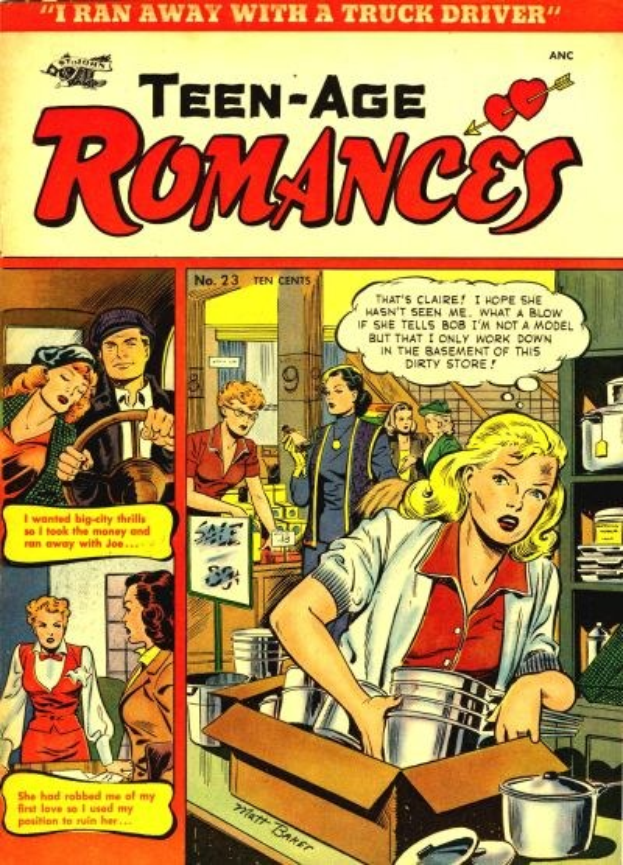 Ein farbenfroher DC-Comics-Plakat titled 'Teen-Age Romances 23-A', das eine Gruppe von Menschen in einer romantischen Umarmung zeigt.