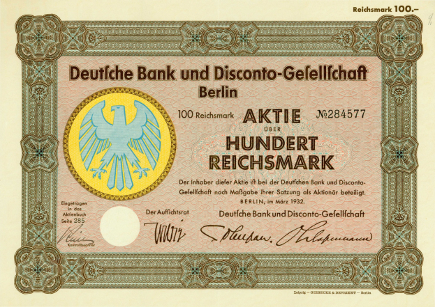 Alte deutsche Banknote mit einem Vogel-Design und der Aufschrift "Deutsche Bank und Disconto-Gesellschaft Berlin".
