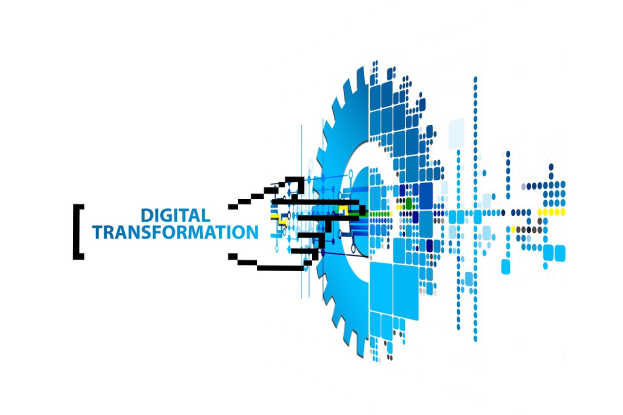 Digitalisierung-Logo mit 'Digitalisierung' in der Mitte, umgeben von blauen, schwarzen und gelben Punkten auf einem weißen Hintergrund.
