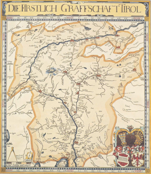Ausführliche historische Karte der ersten deutschen Grafschaft Tirol mit einer Karte, die geografische Merkmale wie Flüsse, Berge und Städte sowie erklärenden Text zeigt.