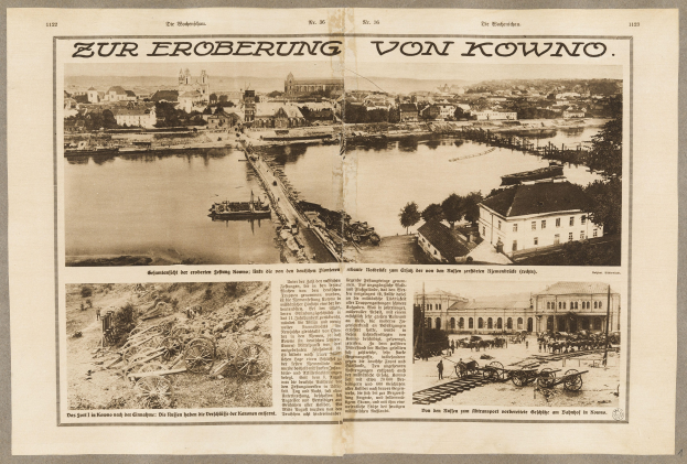 Alte Zeitung mit einer Stadtansicht-Illustration, die Gebäude, Bäume, Wasser, eine Brücke und Karren zeigt, zusammen mit Text und anderen Bildern.
