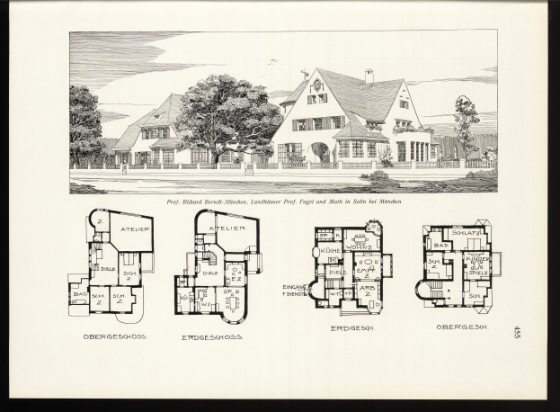 Schwarzes und weißes Architekturzeichnung eines Hauses mit zahlreichen Fenstern, umgeben von Bäumen unter einem Himmel, mit "Deutsche Hauspläne aus dem frühen 20. Jahrhundert" Text unten.