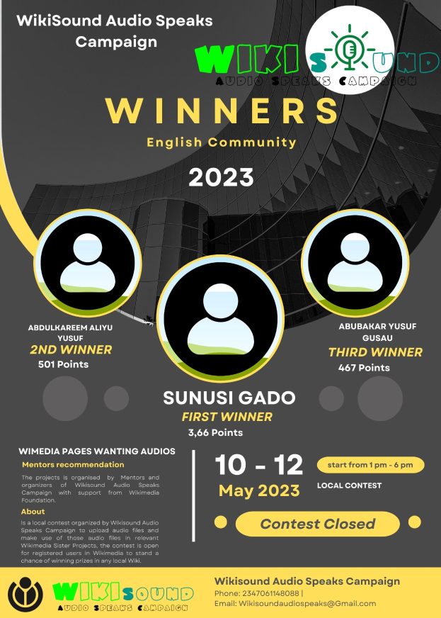 Ein buntes Plakat mit einem blauen Hintergrund und gelben und weißen Buchstaben, die in fetter Schrift "Sieger" bilden, mit lachenden Menschen in der Mitte.