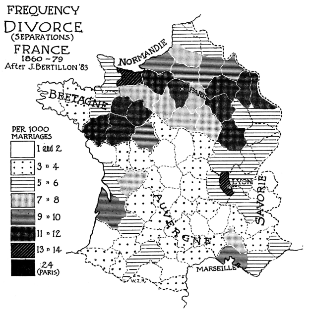 Schwarze und weiße Karte von Frankreich mit Text und Zahlen, die die Scheidungsfrequenz nach Region anzeigen.