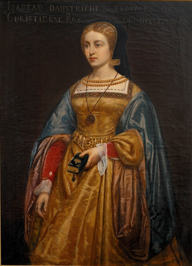 Gemälde von Isabella daustriche in einem goldenen Kleid mit detaillierten Verzierungen, Haar zu einem Dutt gebunden, majestätisch und würdevoll aussehend mit einem seren expression, von Christierne Roy.