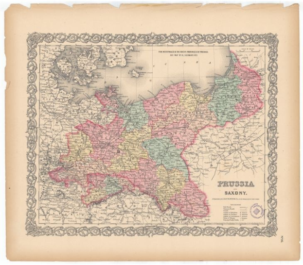 Alte gedruckte Karte, die die Grenzen von Preußen und Sachsen auf altem Papier zeigt.