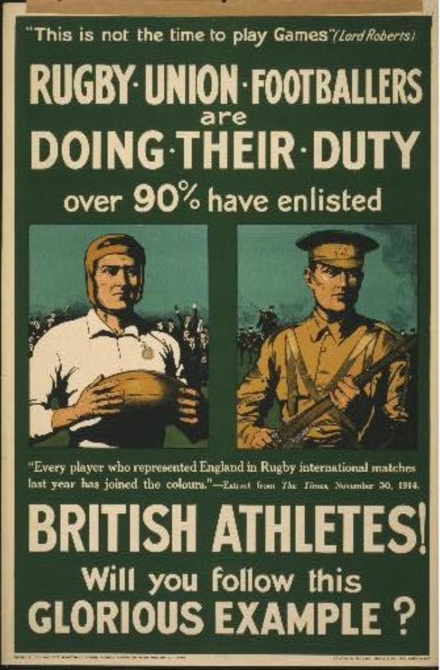 Plakat mit zwei Rugbyspielern in Uniform, mit Text über 90% der britischen Athleten eingezogen, wahrscheinlich mit Details über ihren Dienst.