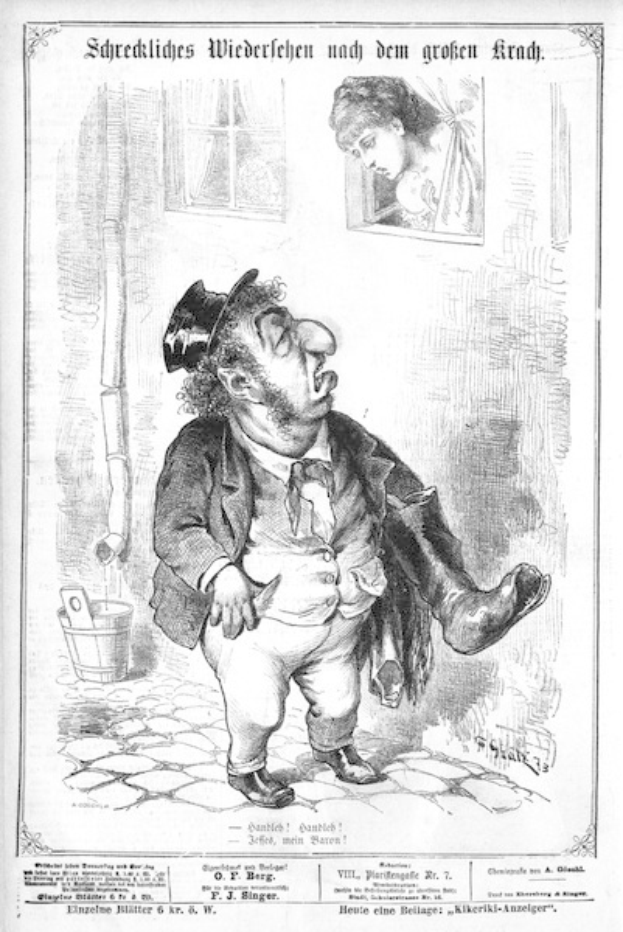 Cartoon-Illustration eines Mannes mit Zylinder und einer Frau in einem Kleid, die neben einer Wand, einem Fenster und einem Eimer stehen, mit Text unten, der lautet "F. J. Singer, der erste deutsche Politiker, der in den Kongress gewählt wurde."