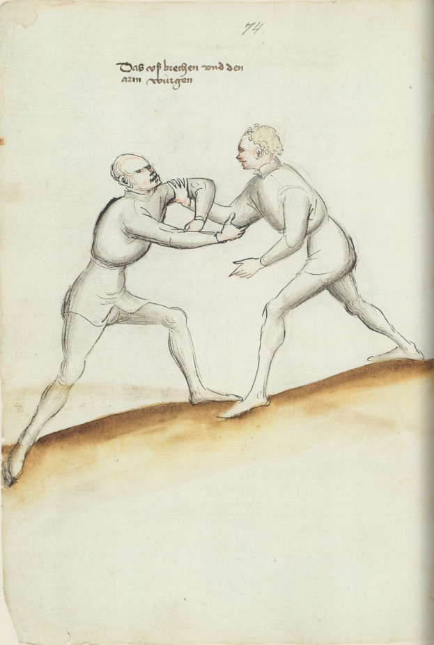 Zwei Männer kämpfen, einer wirft einen Schlag, steht auf einem Papier mit Text, der die Szene beschreibt.