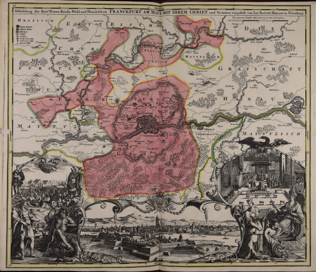 Ein altes Buch mit einer zentralen Deutschlandkarte, umgeben von Illustrationen und Text, strahlt einen klassischen und zeitlosen Look aus.