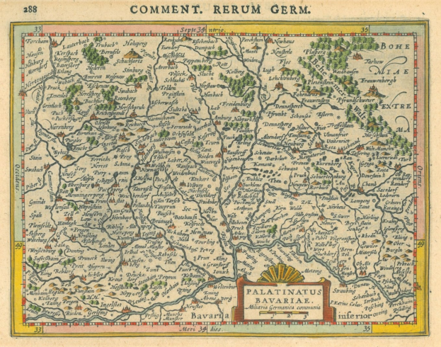 Ein altes Deutschland-Karte, das die Provinzen Pfalz und Bayern hervorhebt.