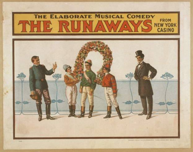 Plakat für "Elaborate Musical Comedy Runaways" aus dem New Yorker Casino, das eine Gruppe von Menschen in einer Reihe zeigt, wobei einer einen Blumenstrauß hält und Text, der die Komödie beschreibt.