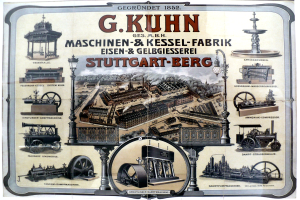 Eine Werbetafel für G. Kuhns Stuttgart-Berg Maschinen, die verschiedene Maschinen zeigt und Text enthält.
