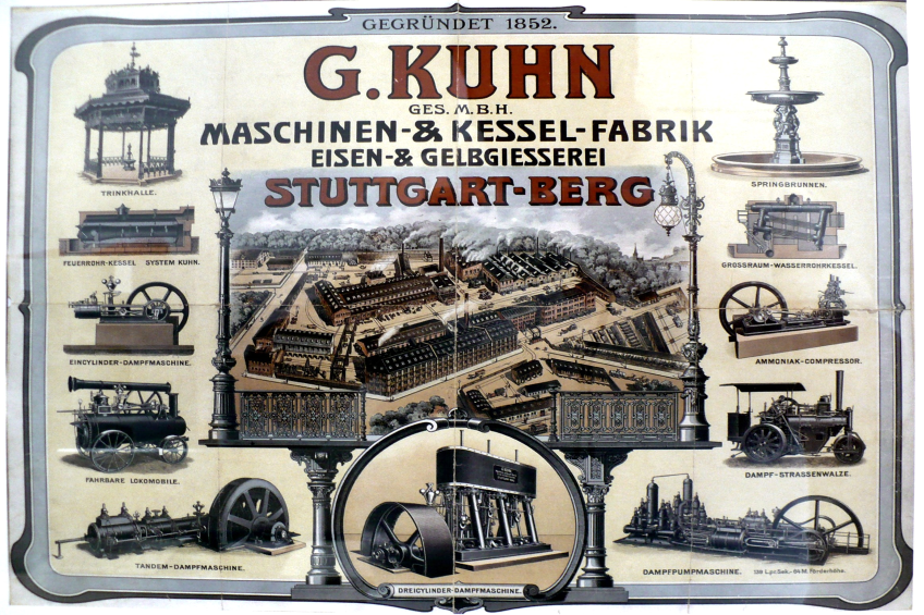 Eine Werbetafel für G. Kuhns Stuttgart-Berg Maschinen, die verschiedene Maschinen zeigt und Text enthält.