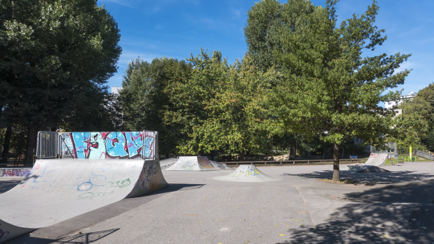 Ein Skatepark mit Rampen, die mit Graffiti bedeckt sind, umgeben von Bäumen und Gebäuden unter einem bewölkten Himmel.