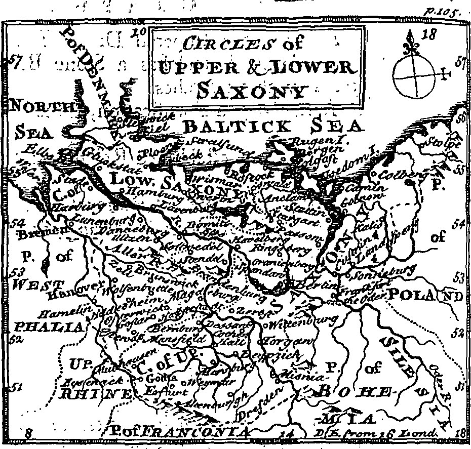 Schwarze und weiße Karte von Ober- und Niedersachsen, die geographische Merkmale wie Flüsse, Gebirge und Städte zeigt, mit zusätzlichen Textanmerkungen.