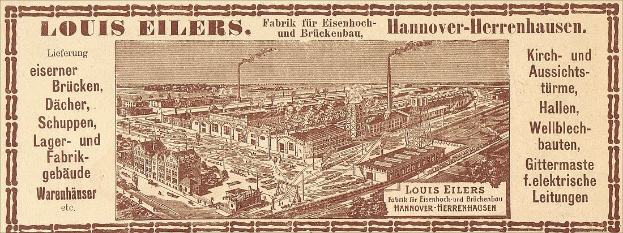 Schwarze und weiße Anzeige für die Louis Eilers Hannover-Herrenhausen-Fabrik, die ein Fabrikgebäude mit begleitendem Text zeigt.