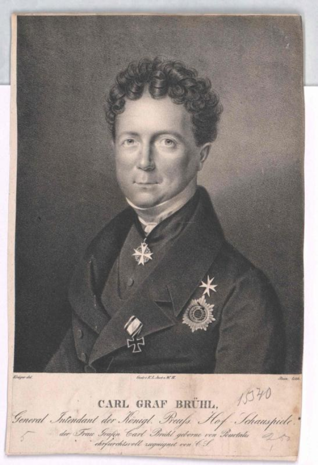 Ein Schwarz-Weiß-Porträt von Carl Graf Bruhl, einem General des Deutschen Reiches, in einer mit Medaillen verzierten Jacke, mit einem Textdokument unten.