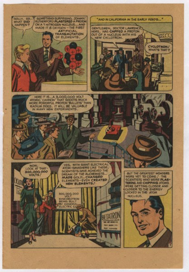 Eine Comicseite mit einem Mann in einem marineblauen Anzug, weissem Hemd und roter Krawatte mit einem ernsten Gesichtsausdruck, umgeben von einer Collage aus Bildern und fetter schwarzer Schrift.