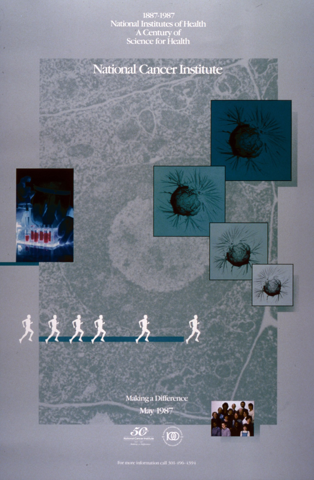 Buntes Plakat für das National Cancer Institute mit blauem Hintergrund und weißer Schrift, das einen Kreis aus überlappenden Bildern von lachenden Menschen verschiedenen Alters, Geschlechts und Ethnien zeigt, die den fetten, Großbuchstaben-Titel umgeben.