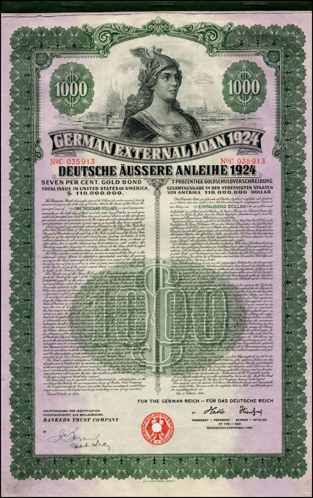Deutsches Auslandsanleihe-Zertifikat von 1924 mit einem Porträt einer Frau, mit gedrucktem Text und numerischer Benennung.