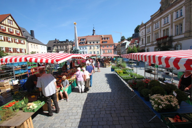 Ein belebter Markt im historischen Stadtzentrum von Heidelberg, Deutschland, mit Menschen, die gehen, auf Bänken sitzen und in der Nähe von Zelten, Tischen mit Körben voller Gemüse und Gebäuden mit Fenstern, Bäumen und einem klaren blauen Himmel stehen.