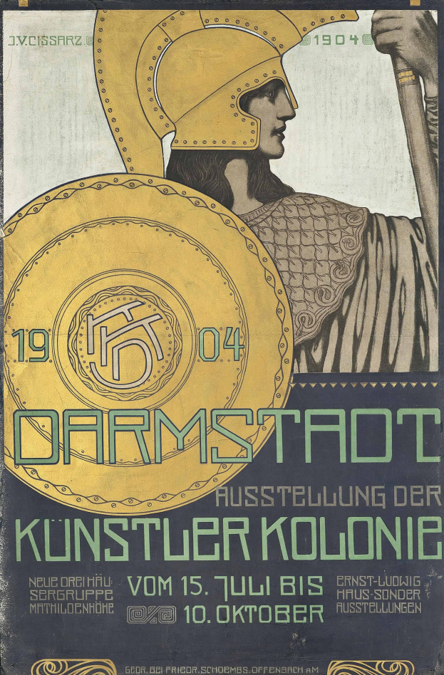 Plakat für ein 1904er Berlin-Konzert mit einem Helmbekleideten, der ein Schild hält, und «Darmstadt» und «Künstler Kolonie» in fetter Schrift.