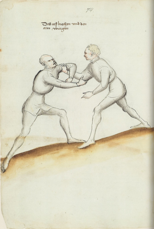 Zwei Männer geraten in eine körperliche Auseinandersetzung, wobei einer einen Schlag gegen den anderen landet, der auf einem Blatt Papier mit Text steht.