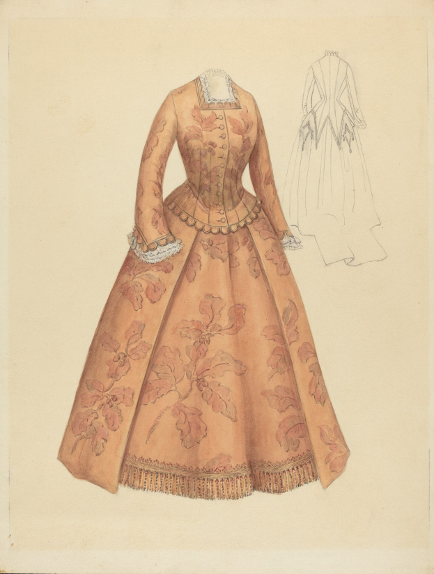 Ein detailliertes Kostümdesign aus dem 18. Jahrhundert für ein langes, hochgeschlossenes Kleid mit floralem Muster und Spitzenbesatz.