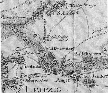 Detaillierte alte Karte von Leipzig, Deutschland, zeigt Straßen, Gebäude und Sehenswürdigkeiten mit begleitendem Text über Bevölkerung, Straßen und bekannte Orte.