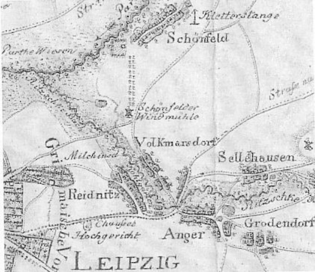 Detaillierte alte Karte von Leipzig, Deutschland, zeigt Straßen, Gebäude und Sehenswürdigkeiten mit begleitendem Text über Bevölkerung, Straßen und bekannte Orte.
